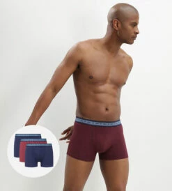Lot De 3 Boxers Coton Stretch Bio Bleu Denim Rouge Vin Green By Dim
