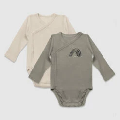 Lot De 2 Body Coton Bio Cache Coeur à Manches Longues Kaki Dim Baby