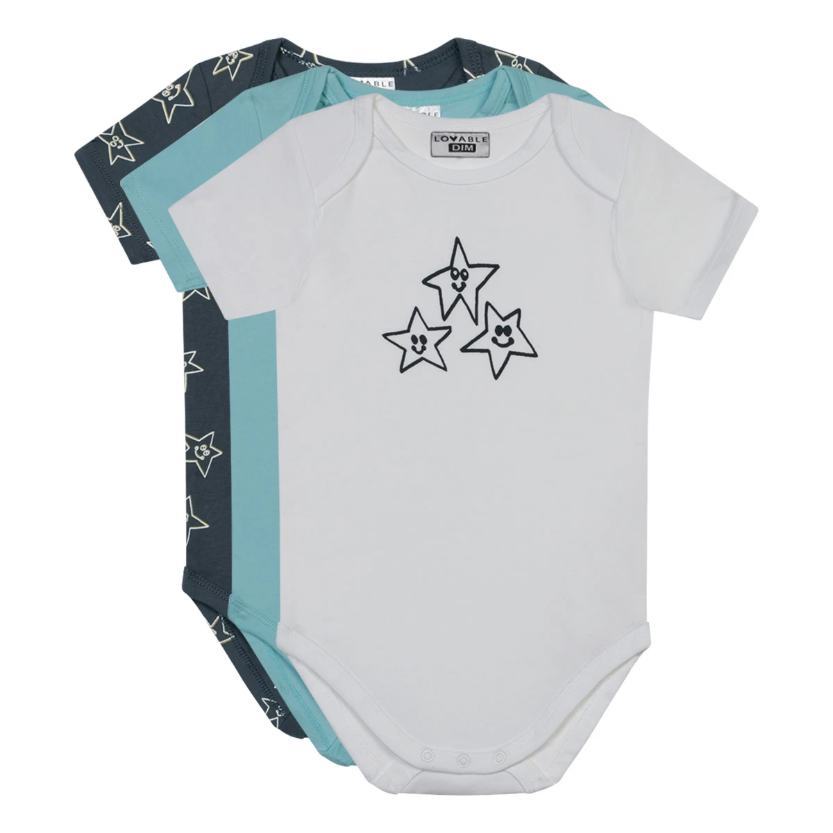 Lot De 3 Bodys Coton Bio à Manches Courtes étoiles Bleu Dim Baby 2 Lot De 3 Bodys Coton Bio à Manches Courtes étoiles Bleu Dim Baby