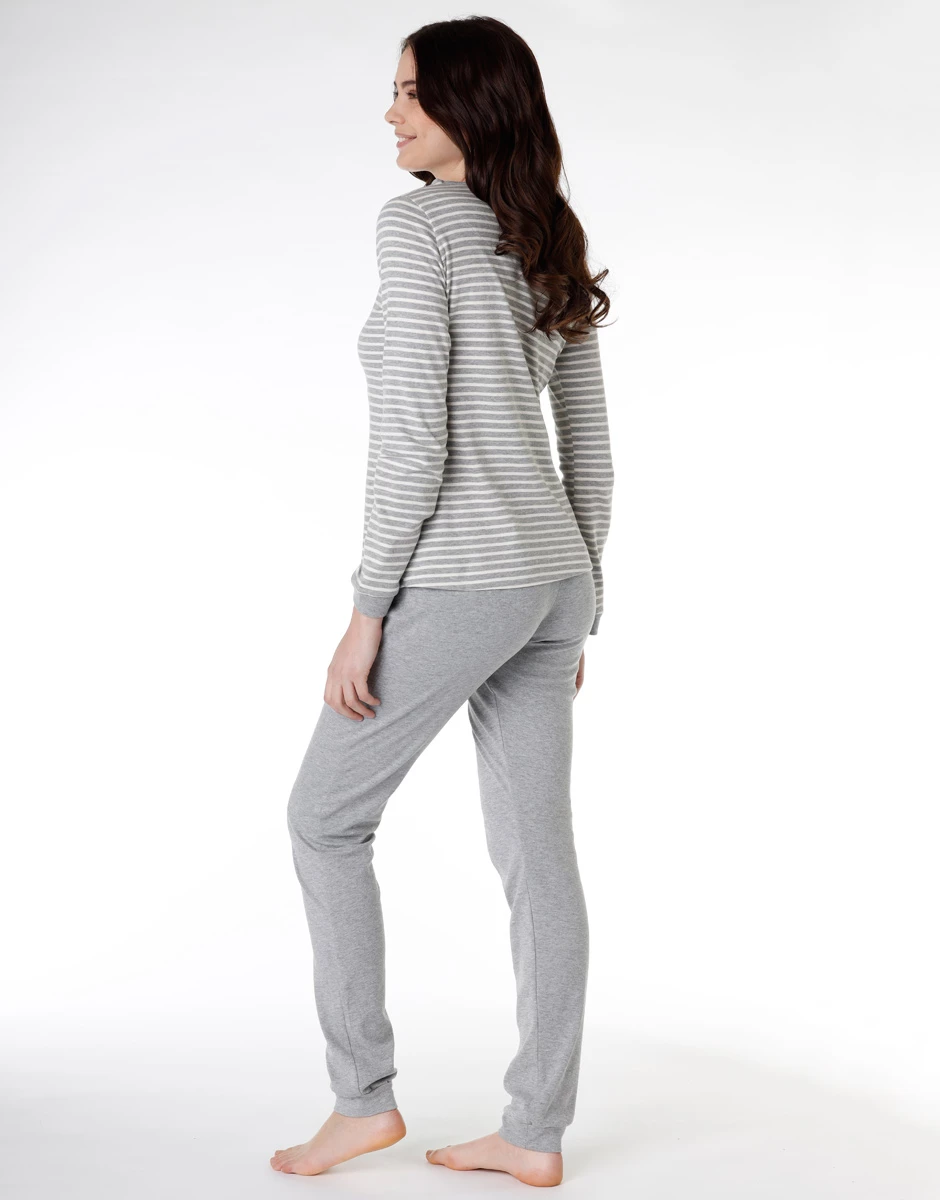 Pyjama Long En Coton Gris Chiné à Rayures 5 Pyjama Long En Coton Gris Chiné à Rayures – Image 3