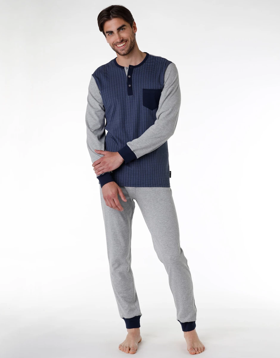 Pyjama Long Pour Homme En Coton Interlock, Bleu Marine Et Imprimé 4 Pyjama Long Pour Homme En Coton Interlock, Bleu Marine Et Imprimé – Image 2