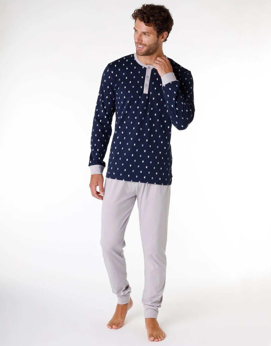Pyjama Long Pour Homme 100% Coton, Imprimé Bleu Marine 4 Pyjama Long Pour Homme 100% Coton, Imprimé Bleu Marine – Image 2