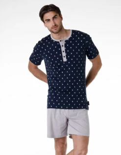 Pyjama Court Pour Homme 100% Coton, Imprimé Bleu Marine