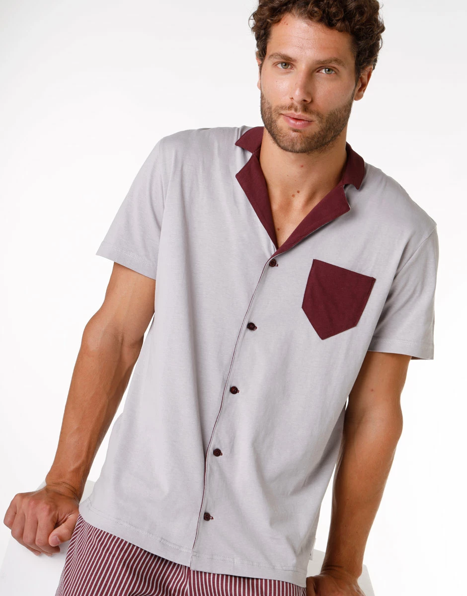 Pyjama Court Pour Homme En 100 % Coton, Gris Et Bordeaux 4 Pyjama Court Pour Homme En 100 % Coton, Gris Et Bordeaux – Image 2