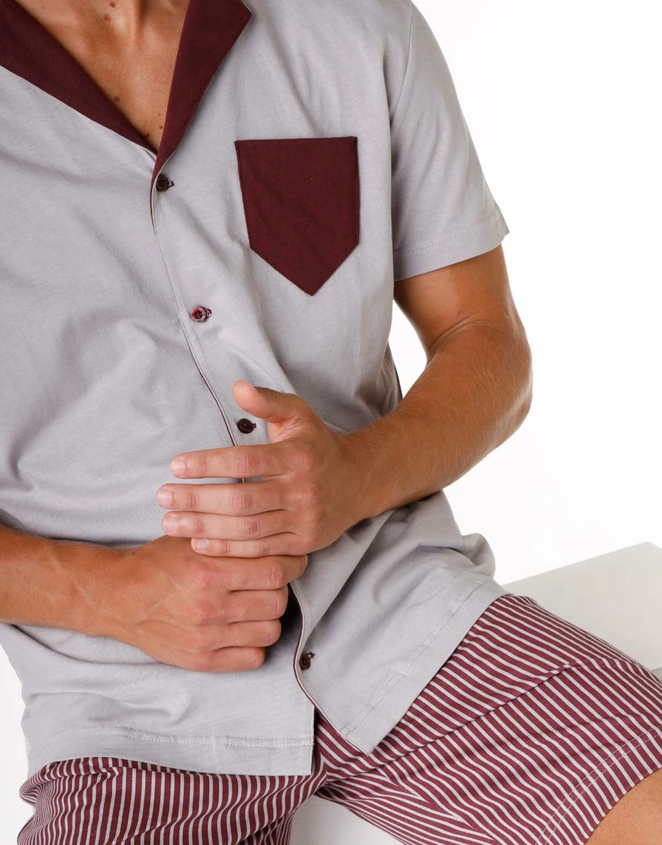 Pyjama Court Pour Homme En 100 % Coton, Gris Et Bordeaux 7 Pyjama Court Pour Homme En 100 % Coton, Gris Et Bordeaux – Image 5