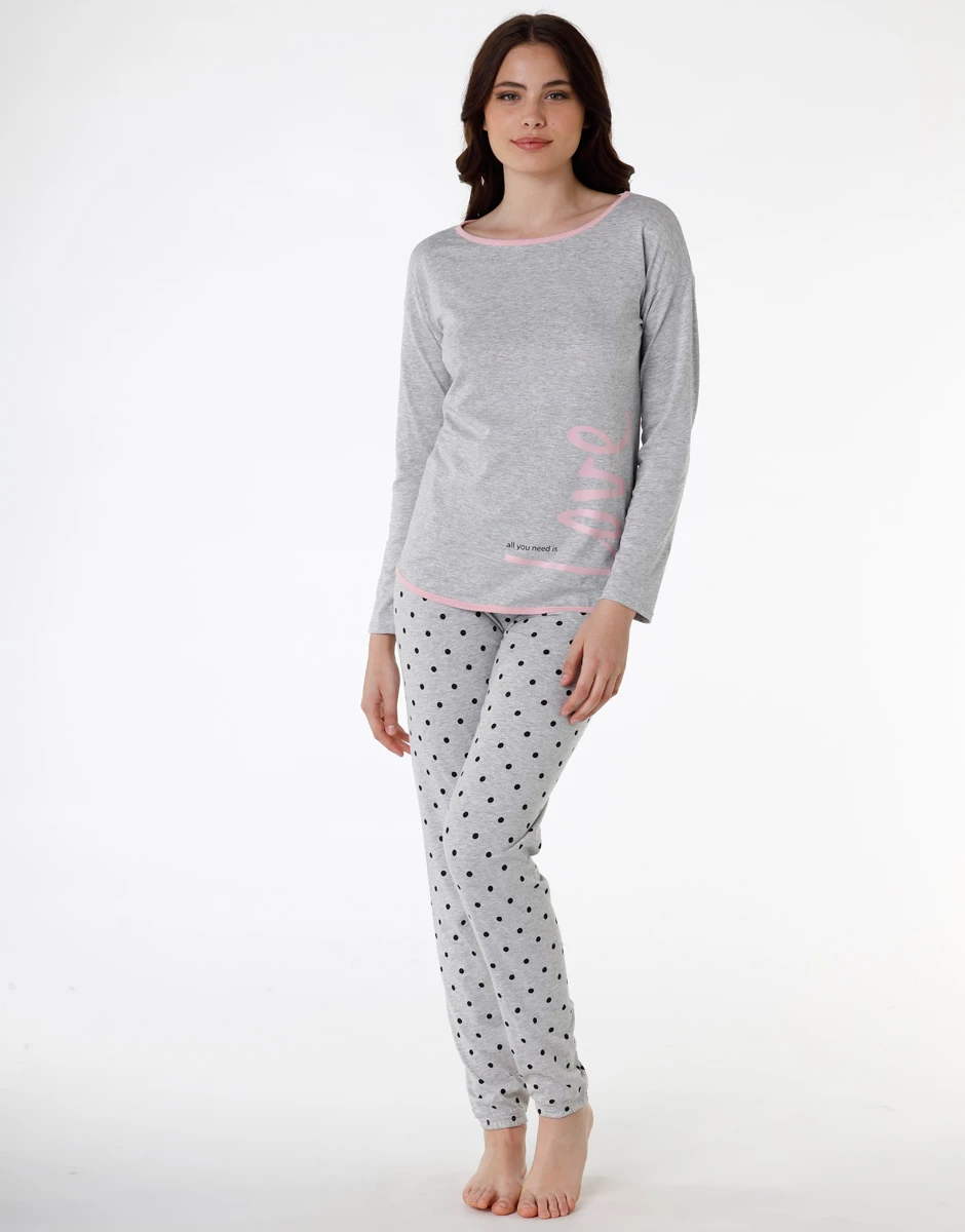 Pyjama Long Pour Femme En Jersey De Coton, Gris Chiné 3 Pyjama Long Pour Femme En Jersey De Coton, Gris Chiné